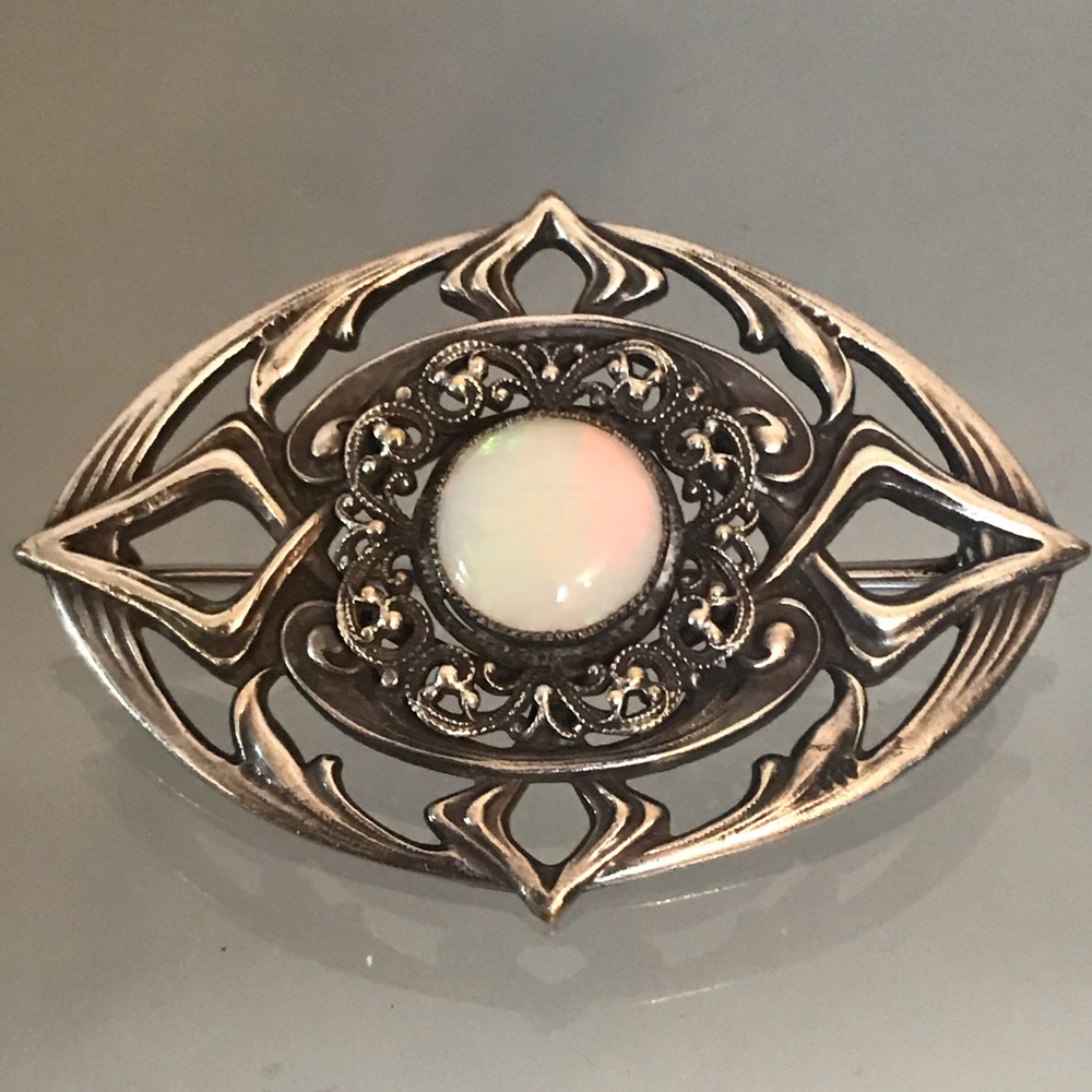 Vintage White Opal and Silver Brooch